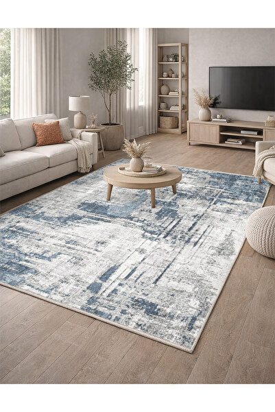 Lioara Home Mavi/Gri Modern Dijital Baskılı Halı – Modern, Kaymaz Taban, Salo...
