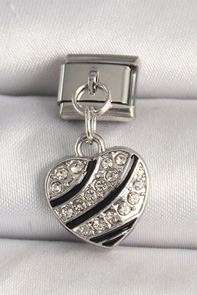 Nehir Stylish 316L Steel Silver Color Zircon Stone Heart Model Nomination Cha...