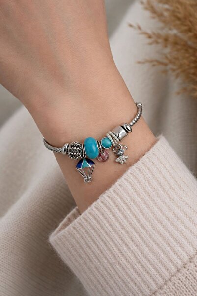 stainless steell Silver Multi-Colored Charm Steel Bracelet