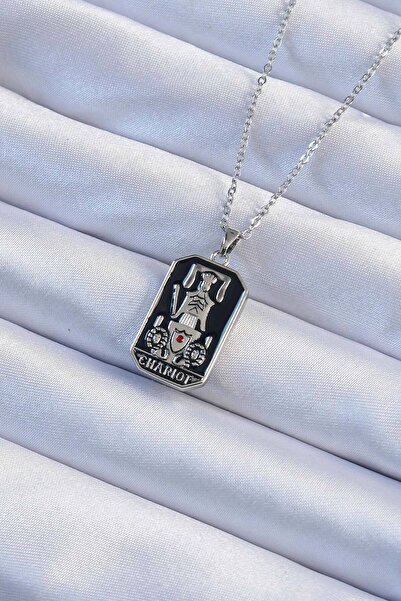 Nehir Stylish 316L Steel Chain Silver Color Black Enamel Tarot Pendantteacher...