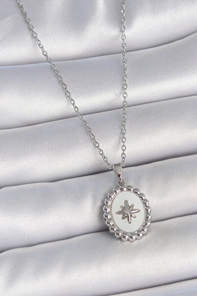 Nehir Stylish 316L Steel Silver Color Chain White Enamel Pole Star Embroidere...