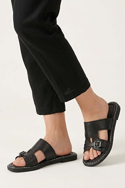 Ayakkabı Fuarı Elit Koc5413 Women's Genuine Leather Flat Slippers Black
