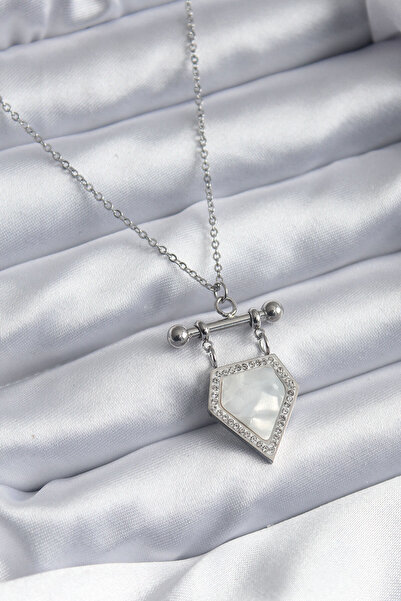 Nehir Stylish 316L Steel Silver Color Zircon Stone Detail Women's Necklace Te...