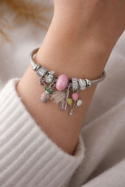 stainless steell Silver Multi-Colored Charm Steel Bracelet