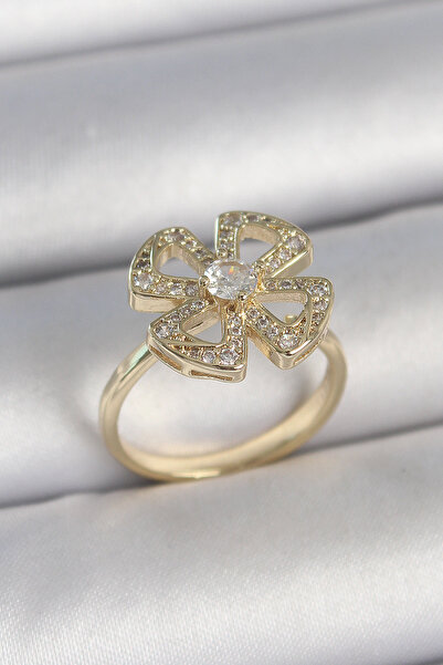 Nehir Stylish Brass Gold Color Zircon Stone Clover Model Adjustable Women's R...