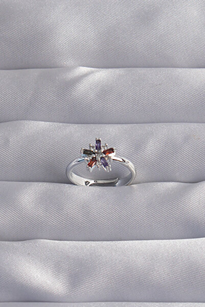 Nehir Stylish Brass Silver Color Colorful Zircon Stone Adjustable Ring Teache...