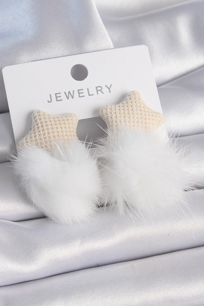 Nehir Stylish White Color Feathered Star Pompom Model Women's Earrings Teache...