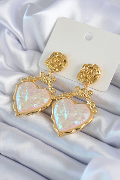 Nehir Stylish Gold Color Rose Dangle Heart Model Brass Vip Women's Earrings T...