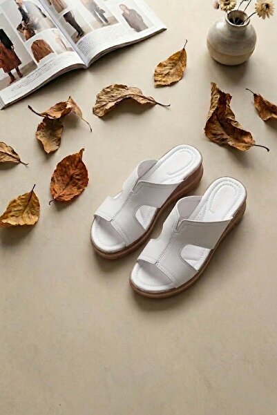 Ayakkabı Fuarı Elit Koc2565 Women's Genuine Leather Flat Slippers White