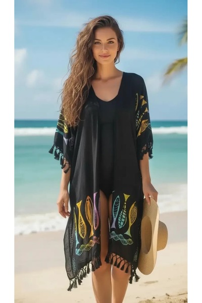 ELİTE NOVA SHOPPİNG Black and White Cotton Fabric Colorful Stone Printed Long...