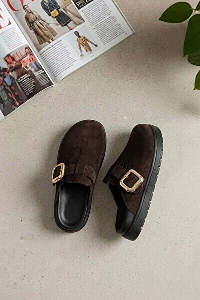 Ayakkabı Fuarı Elit Zyn4000 Women's Genuine Leather Buckle Sabo Slippers Brown