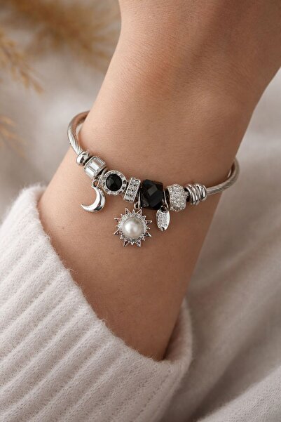 stainless steell Silver Multi-Colored Charm Steel Bracelet