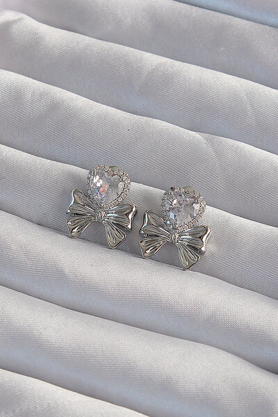 Nehir Stylish Brass Silver Color Zircon Stone Heart Model Bow Earrings Teache...