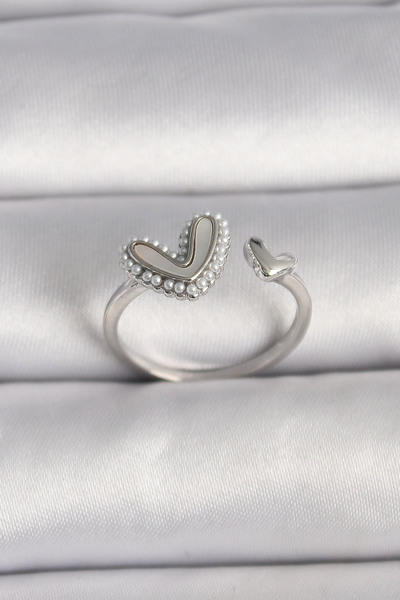 Nehir Stylish Brass Silver Color White Enamel Pearl Detailed Heart Model Adju...