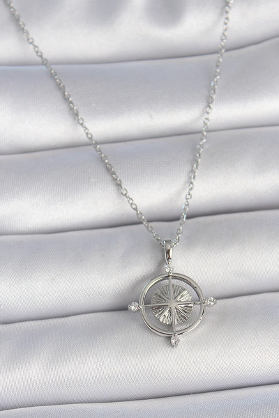 Nehir Stylish 316L Steel Silver Color Chain Zircon Stone Compass Model Women'...