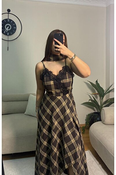 ecemce butik Ekoseli Dantelli Fular Detaylı Askılı Maxi Elbise