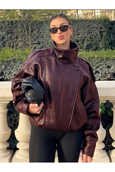 MerStore Viral Oversized Women's Leather Jacket High Collar Black Urban Style...