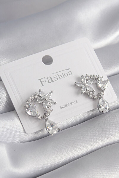 Nehir Stylish Brass Silver Color Zircon Stone Flower Model Dangle Detail Wome...