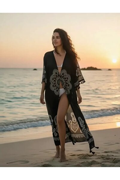 ELİTE NOVA SHOPPİNG Black and White Cotton Fabric Colorful Stone Printed Long...