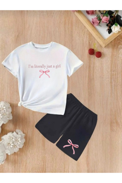 DOCE ELEGANTE Set de vară pentru fete, cu panglică roz imprimată, pantaloni s...