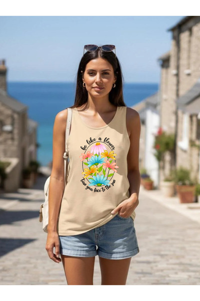 SUNFREE FLOWERS Γυναικείο μπλουζάκι με στάμπα, με τιράντες, ανοιχτό στους ώμο...