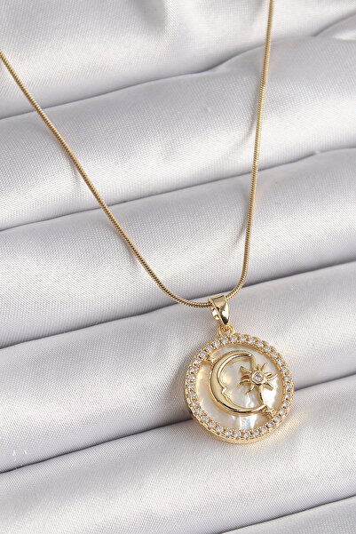 Nehir Stylish 316L Steel Gold Color Chain with Zircon Stone Detail White Pear...