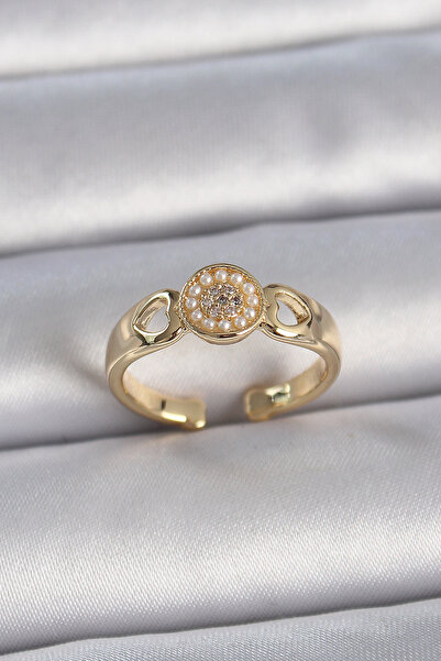 Nehir خاتم نسائي أنيق من النحاس بلون ذهبي مع حجر الزركون واللؤلؤ وتفاصيل مطرز...