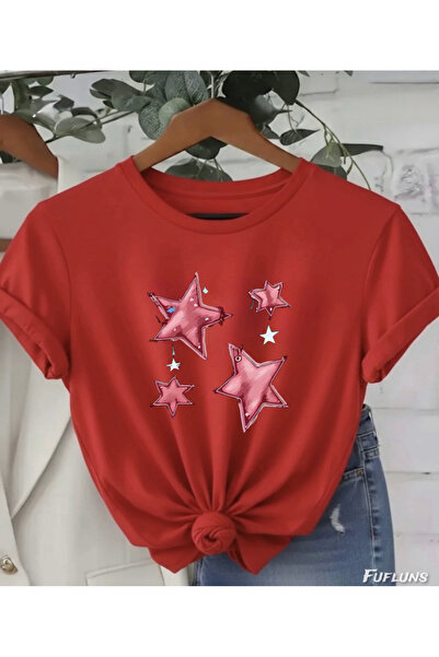 FUFLUNS Pink Stars Printed Oversized Unisex Women's Crew Neck T-Shirt