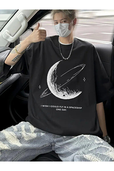 modi Printed Women's Casual Style Black Oversize Crew Neck T-Shirt