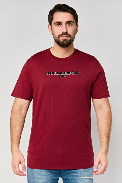 Karl Lagerfeld Men Crew Neck Short Sleeve Embroidered Logo T-Shirt, Maroon