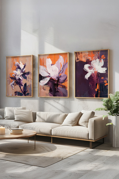 STARYUNA Wooden Framed Abstract Floral Themed Triple Painting Set Ucyuna635