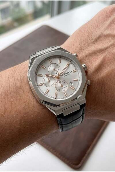 Lee Cooper Gray Case Men's Wristwatch |   43mm Steel Case, Black Leather Stra...