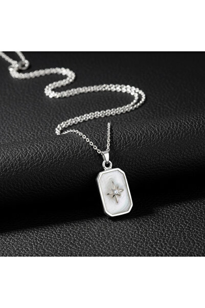 CAXBERN White Enamel Rectangular Polar Star Silver Necklace