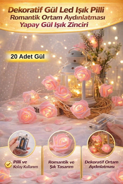 Hane Dostu Dekoratif 20 Adet Gül Led Işık Pilli Romantik Ortam Aydınlatması Y...