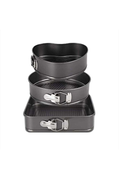 iTin Set of 3 Cake Pans – Heart, Round, Square, Teflon, Removable Base, Black