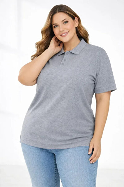 modi Women's Gray Pique Fabric Buttoned Collar Oversized Plus Size Casual Sho...