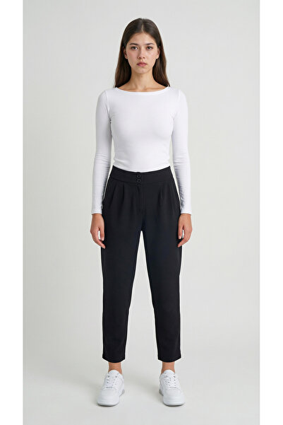 MODASPARK Black High Waist Double Buttoned Pocket Carrot Cut Pleated Women's ...