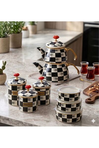 ACAR Qualita King Enamel Checkered Teapot & 3-Piece Storage Container & 3-Pie...