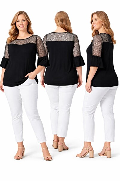 BİrHoşButik Plus Size Full Lycra Tulle Sleeves with Fluttered Collar, Low-Cut...