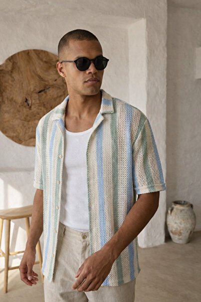 İLKCET MODA Jacquard Blue Short Sleeve Oversize Men's Shirt