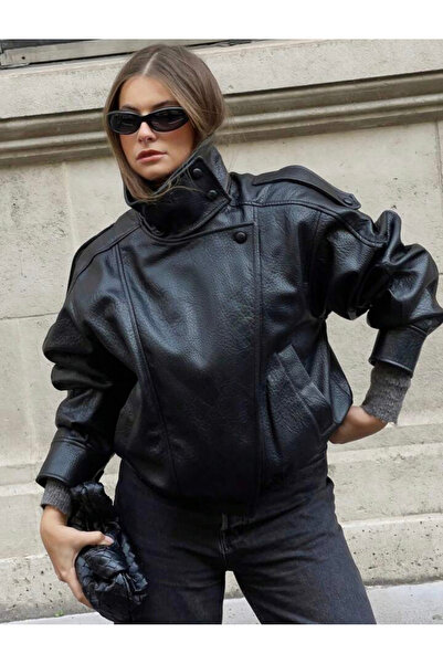 sinemkivanc co Viral Oversized Women's Leather Jacket High Collar Black Urban...