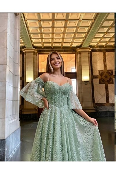 ESİN GİYİM Kloş model su yeşili abiye
