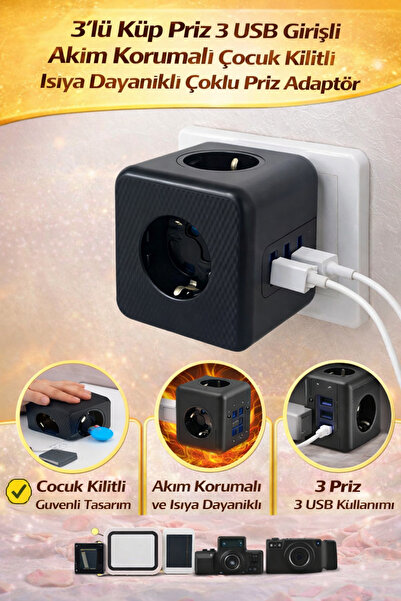 Hane Dostu 3’lü Küp Priz 3 USB Girişli Akım Korumalı Çocuk Kilitli Isıya Daya...