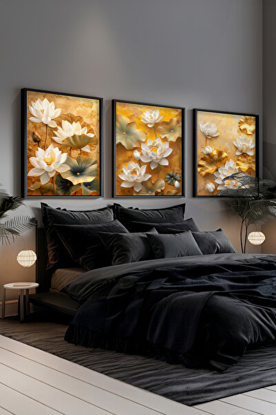 STARYUNA Set de pictură triplă cu tematică floare de lotus, cu ramă din lemn ...