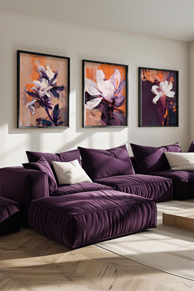 STARYUNA Black Wooden Framed Abstract Floral Themed Triple Painting Set Ucyun...