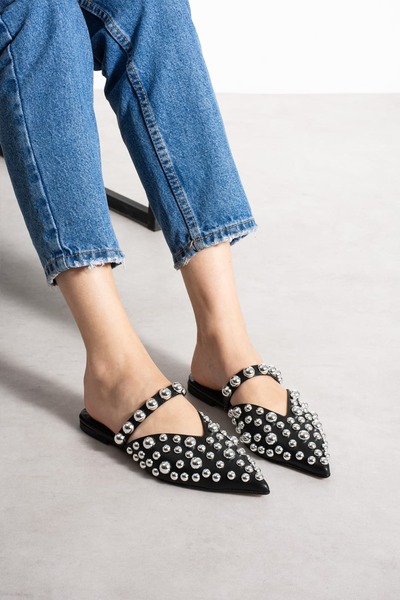 diclepolat Women's Loja Black Siver Silver Troped Flat Sole Slippers Pointed Toe