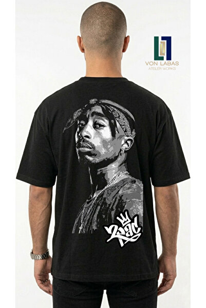 Grafftee Clothing Tricou negru supradimensionat unisex Tupac Graphic cu impri...