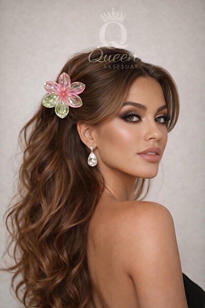 QUEEN AKSESUAR Διαφανές ροζ πράσινο μεγάλο κλιπ λουλουδιών αλόχα λωτού με κού...