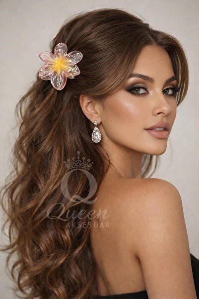 QUEEN AKSESUAR Διαφανές ροζ κίτρινο μεγάλο κλιπ λουλουδιών αλόχα λωτού με κού...