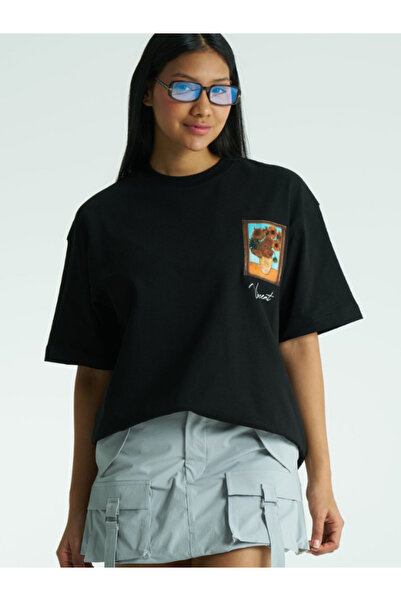 Chirkef Unisex Black Oversize 100% Cotton Back and Front Printed Crew Neck St...